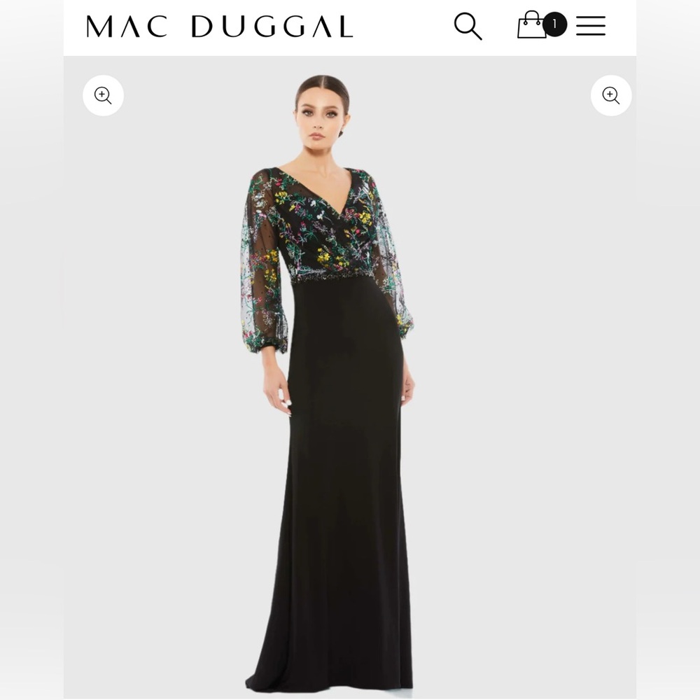 MAC DUGGAL Black Embroidered Illusion Puff Sleeve Gown